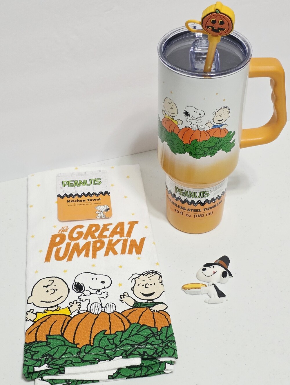 Peanuts Snoopy Great Pumpkin 40 oz Tumbler Cup Handle Straw Topper Towel Magnet